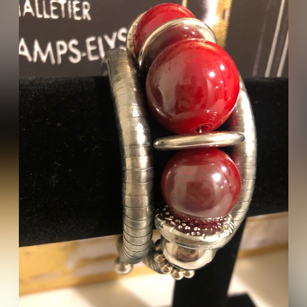 Statement Silver COIL With Red-Burgundy + Silver Spheres/Beads BRACELET *Unique